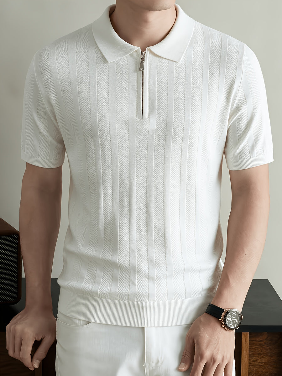 Brand Men'S Half-Zip Knitted Polo Shirt Short Sleeve Vertical Ribbed Texture Lapel Casual Summer Golf Polo Tee - White