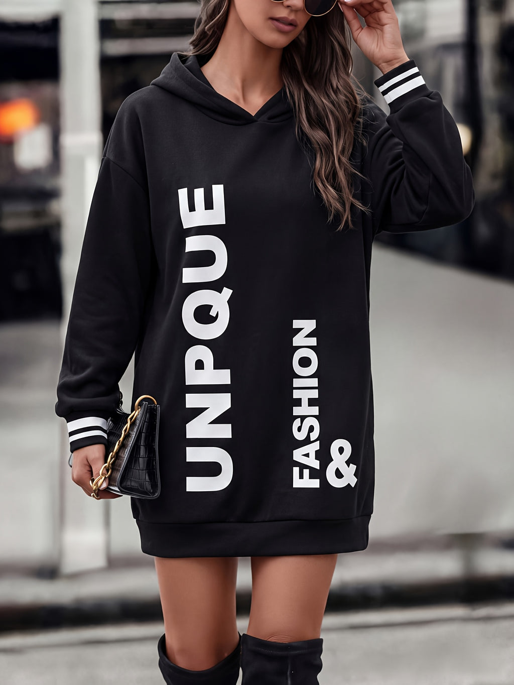 Autumn Winter Women'S New Solid Color Vertical Letter Print Hooded Sweatshirt Dress, UNPQUE FASHION Letter Color-Block Striped Cuffs Loose Mid-Length Sweatshirt, Suitable for Home, Casual Outings, Daily Commute, Street Photography, Campus Wear - Black