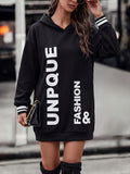 Autumn Winter Women'S New Solid Color Vertical Letter Print Hooded Sweatshirt Dress, UNPQUE FASHION Letter Color-Block Striped Cuffs Loose Mid-Length Sweatshirt, Suitable for Home, Casual Outings, Daily Commute, Street Photography, Campus Wear - Black