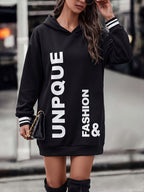 Autumn Winter Women'S New Solid Color Vertical Letter Print Hooded Sweatshirt Dress, UNPQUE FASHION Letter Color-Block Striped Cuffs Loose Mid-Length Sweatshirt, Suitable for Home, Casual Outings, Daily Commute, Street Photography, Campus Wear - Black