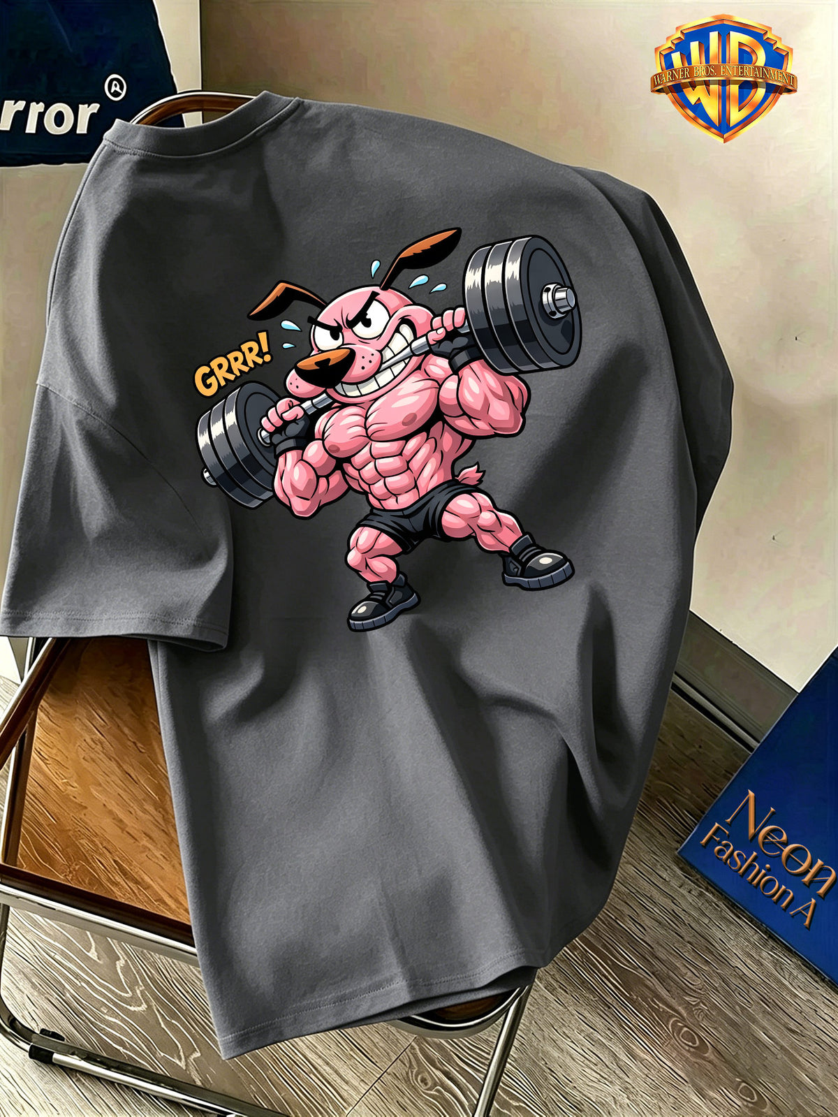 Warner Bros. Official Licensed Cool Cartoon Cowardly Dog Print Short-Sleeve T-Shirt, Men's Pure Breathable Spring/Summer Top, Versatile Casual Style, Soft and Skin-Friendly, Breathable and Comfortable, Suitable for Outdoor Wear, Fitness, and Other - Dark Gray