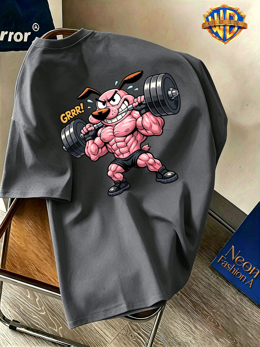 Warner Bros. Official Licensed Cool Cartoon Cowardly Dog Print Short-Sleeve T-Shirt, Men's Pure Breathable Spring/Summer Top, Versatile Casual Style, Soft and Skin-Friendly, Breathable and Comfortable, Suitable for Outdoor Wear, Fitness, and Other - Dark Gray