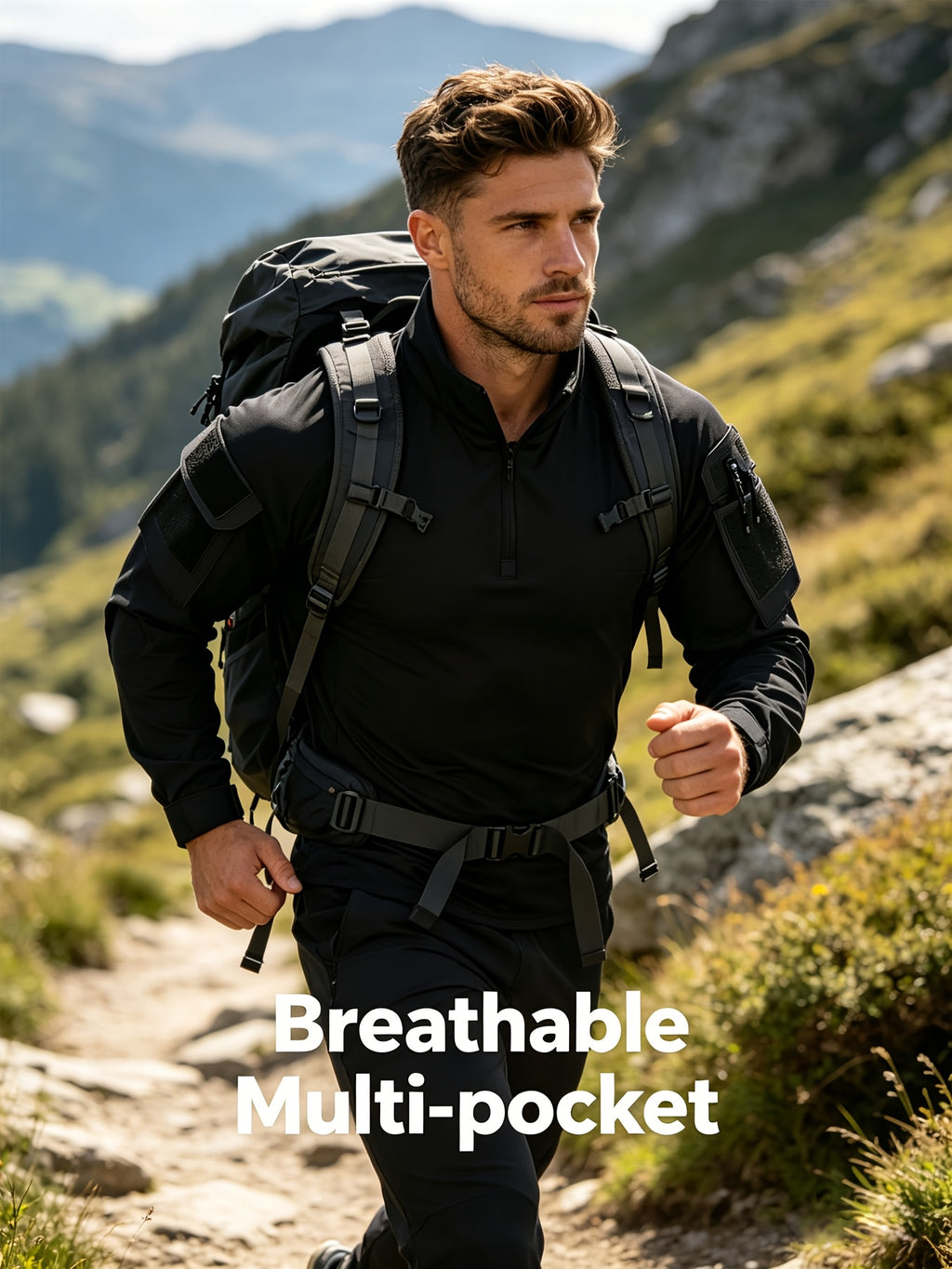 Outdoor Tactical Long-Sleeve Frog Suit Spring Autumn Men'S Stand-Collar Patchwork Elastic Breathable Top Thin Mountaineering Hiking Training Uniform - Black