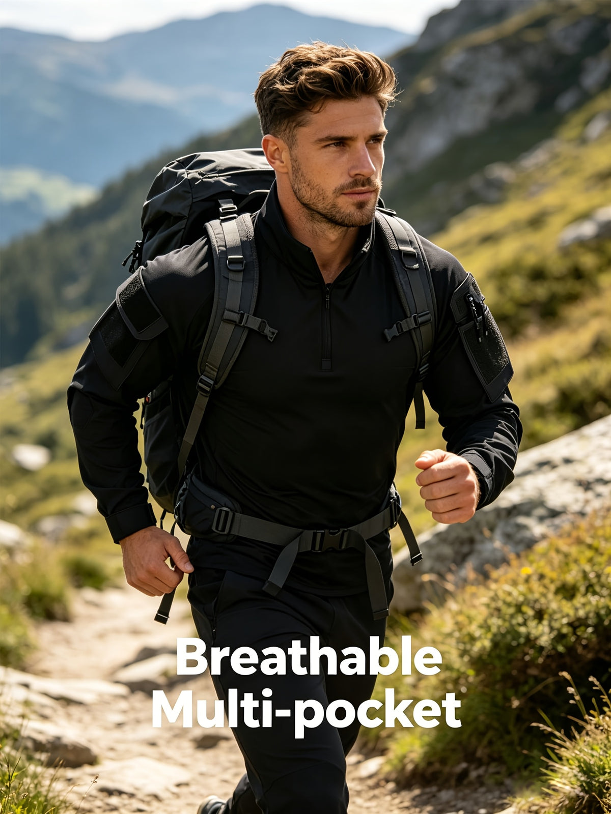 Outdoor Tactical Long-Sleeve Frog Suit Spring Autumn Men'S Stand-Collar Patchwork Elastic Breathable Top Thin Mountaineering Hiking Training Uniform - Black