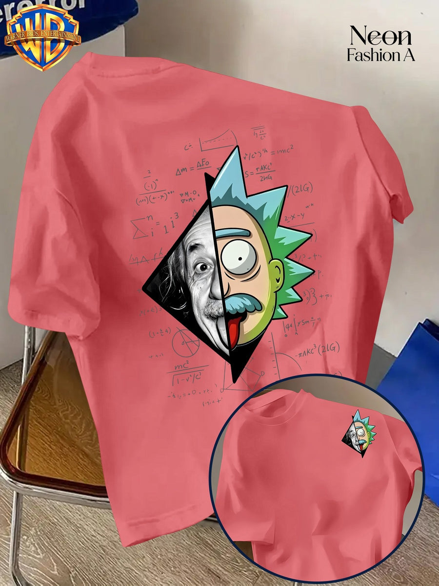 Warner Licensed Unisex Short Sleeve T-Shirt Casual Commute Shopping Classic Science And Anime Creative Patchwork Artistic Print Round Neck Pullover Summer Comfortable Breathable Trendy Top - Watermelon Red