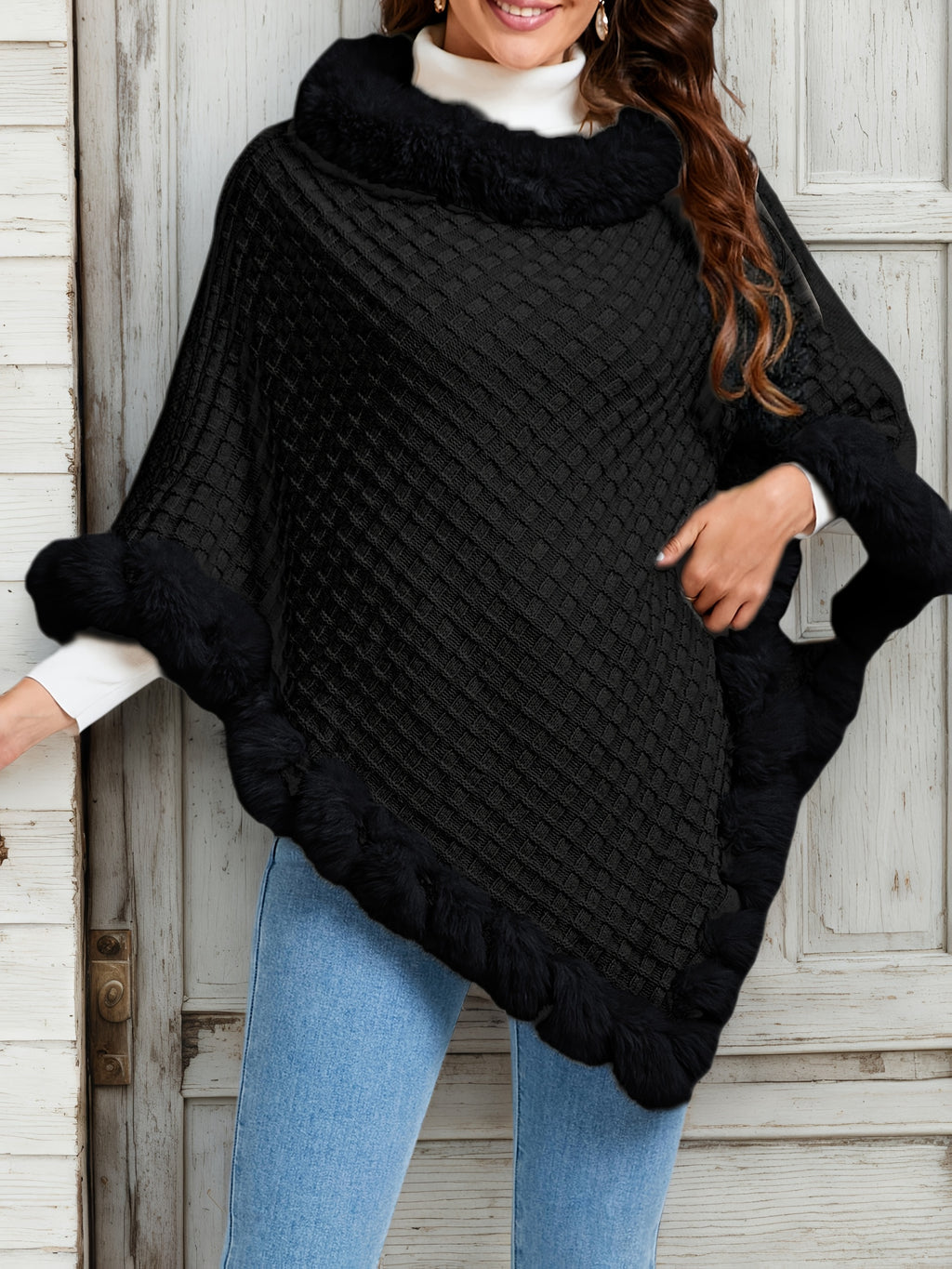 Elegant Special Edition "Pure Body Bust" - 1pc Elegant Women's Solid Color Waffle Shawl Pullover, 100% Polyester Fiber, Faux Trim Collar Patchwork, Stylish and Elegant European/American Style Warm Pullover, Suitable for Autumn/Winter - Black