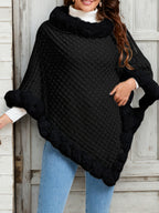 Elegant Special Edition "Pure Body Bust" - 1pc Elegant Women's Solid Color Waffle Shawl Pullover, 100% Polyester Fiber, Faux Trim Collar Patchwork, Stylish and Elegant European/American Style Warm Pullover, Suitable for Autumn/Winter - Black