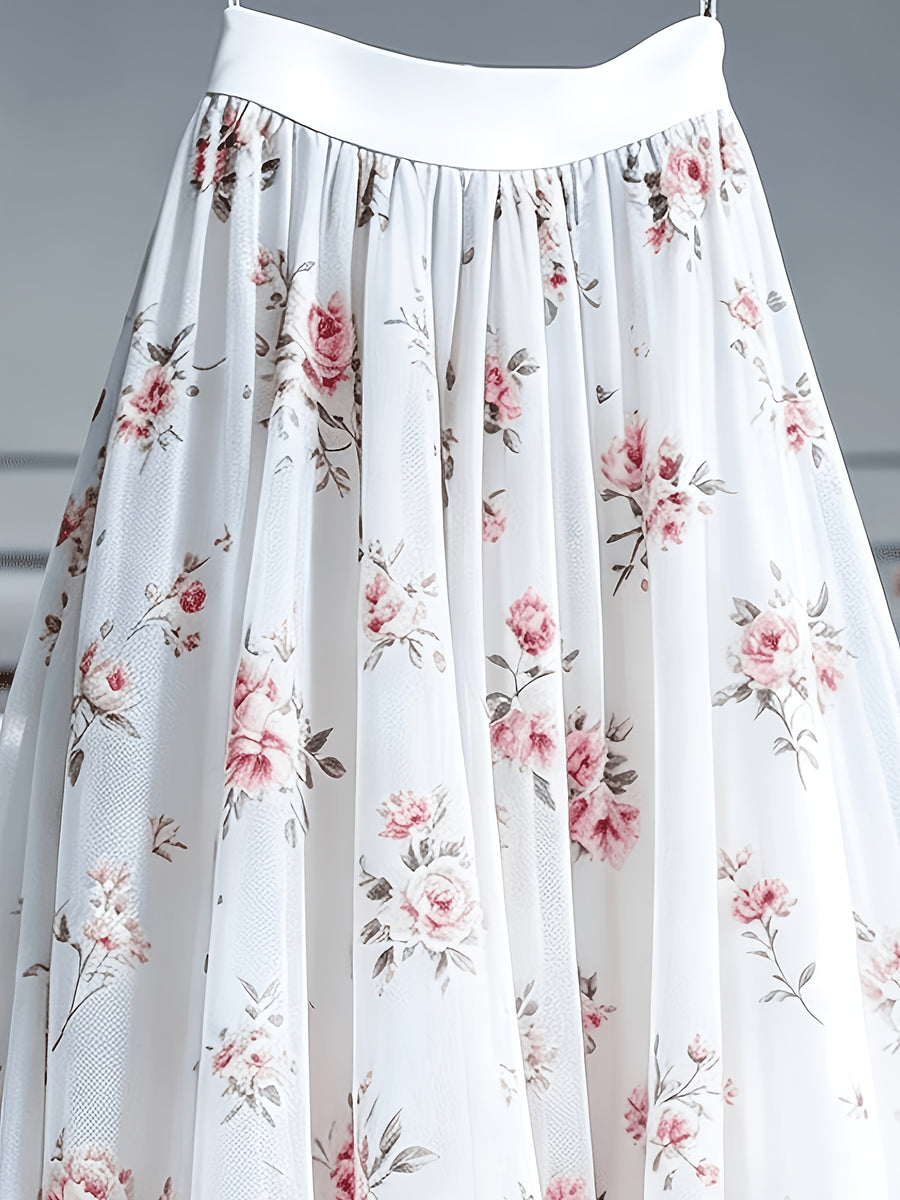 Women's Elegant Asymmetrical Flared Skirt with Irregular Hem & Mesh Floral Print - Non-Sheer Suitable for Banquets, Dates, Vacation Outfits, Machine Washable -Fit Skirt for Parties, Weddings, Casual Attire - White