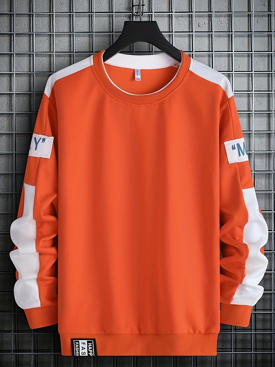 1pc Men's Casual Sportswear Top, Pullover Fashion Long Sleeve, Suitable for Spring and Autumn Outdoor Daily Running, Color-Block Letter Men's Sweatshirt - Red