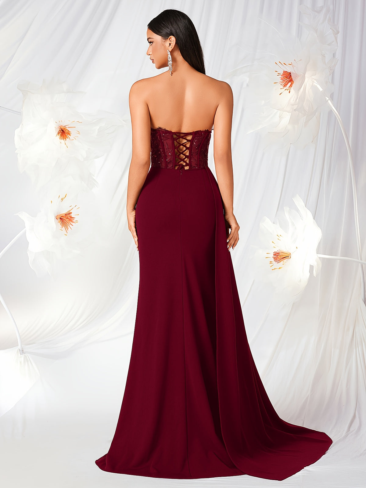Tube Top with Small V-Neck, Mesh Panel, Sheer Long Ribbon, Slit, and Back Tie for Prom, Party, Formal Dress, Graduation Ball, Birthday Party, Evening Date, Back-to- Party, Wedding Guest, and Formal Dinner - Burgundy