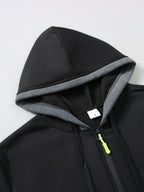 Men'S Color-Block Hooded Cardigan College Style Sweatshirt Casual Fashion Jacket Design Black Pattern Print Fleece Warm Autumn And Winter Long-Sleeved Top - Black