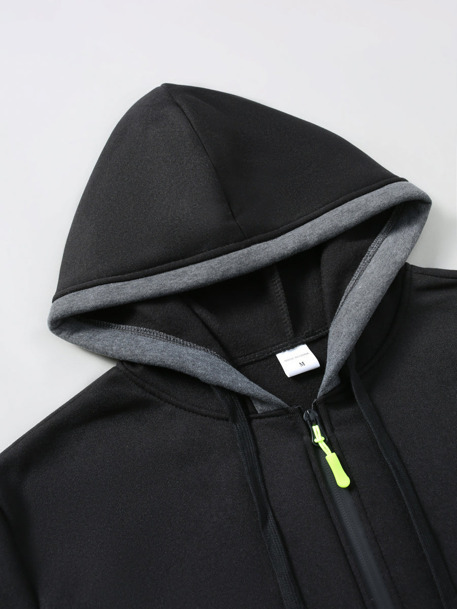 Men'S Color-Block Hooded Cardigan College Style Sweatshirt Casual Fashion Jacket Design Black Pattern Print Fleece Warm Autumn And Winter Long-Sleeved Top - Black