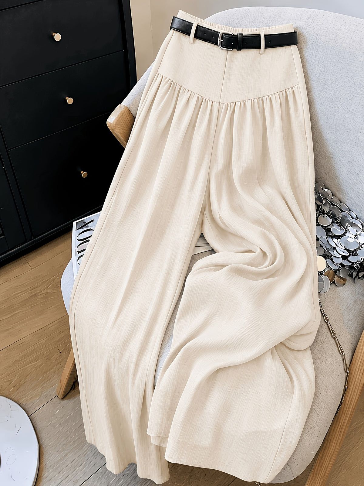 3116#YYTT+ Solid Color Women's Elegant Flowy Wide-Leg Pants, Commuter Style. Suitable for Work and Casual Wear. Belt Not Included - Apricot