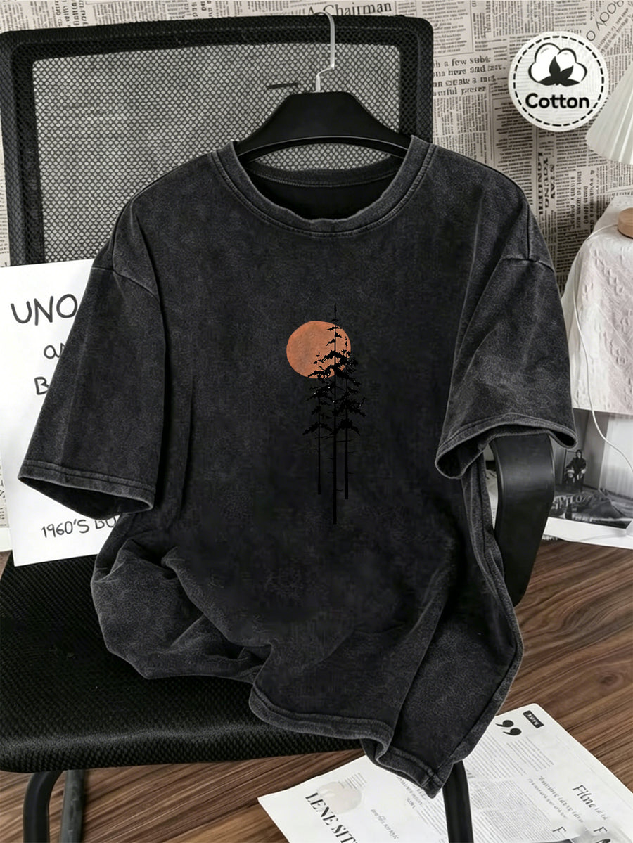 Vintage Washed Distressed Print Men'S Short-Sleeve Top, Soft Pure Loose T-Shirt, Breathable Casual Clothing for Outdoor Trip Summer And Early Autumn - Black