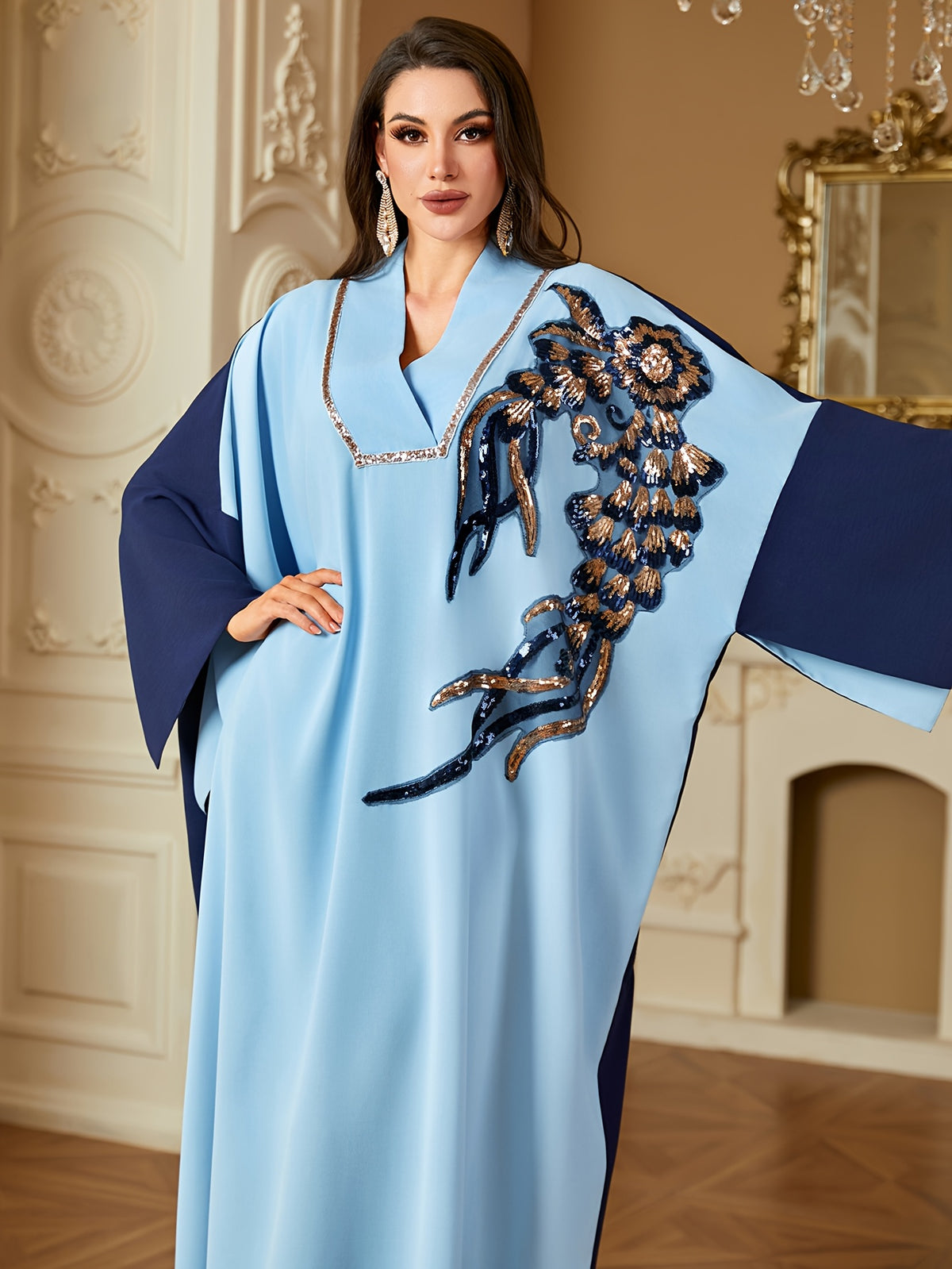 Fashion Contrast Color Patchwork Sequin Bead Bat Sleeve Long Sleeve Loose Dress - Sky Blue