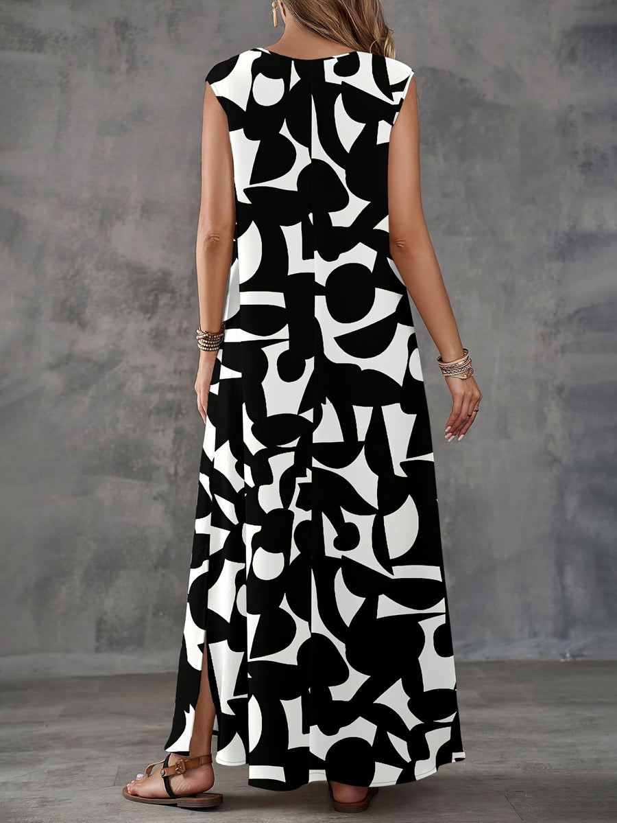 Women's Casual Minimalist Geometric Print Dress, Suitable for Spring/Summer Vacation Wear, Summer Dress - White