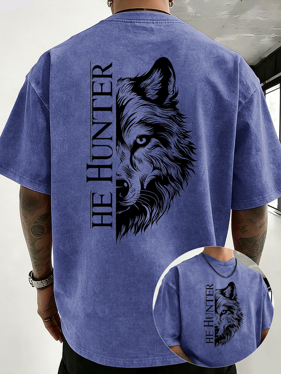 Vintage Washed Loose Double-Faced Print T-Shirt with Letter Pattern, Unisex Classic Basic Style, Soft And Durable Short Sleeve, Suitable for Students And Office Workers - Royal Blue