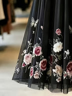 Spring and Autumn Women's Elegant Printed Midi A-Line Chiffon Skirt, Vacation Wear, Party Banquet Wear, Birthday Wear, Wedding Guest Wear, Easter Wear, Carnival Wear, Christmas Wear, Valentine's Day Wear, Holiday Wear, Suitable for Street Outings - Black