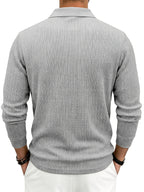 Autumn/Winter New Arrival: 1pc Men's Twisted Cable Vertical Stripe Knit Long-Sleeve Polo Shirt, Three-Dimensional Jacquard Texture, Classic Lapel, Vintage Brown Wood Grain Three-Button, Stretchy Soft Knitted Fabric, Solid Color Minimalist Top - Grey