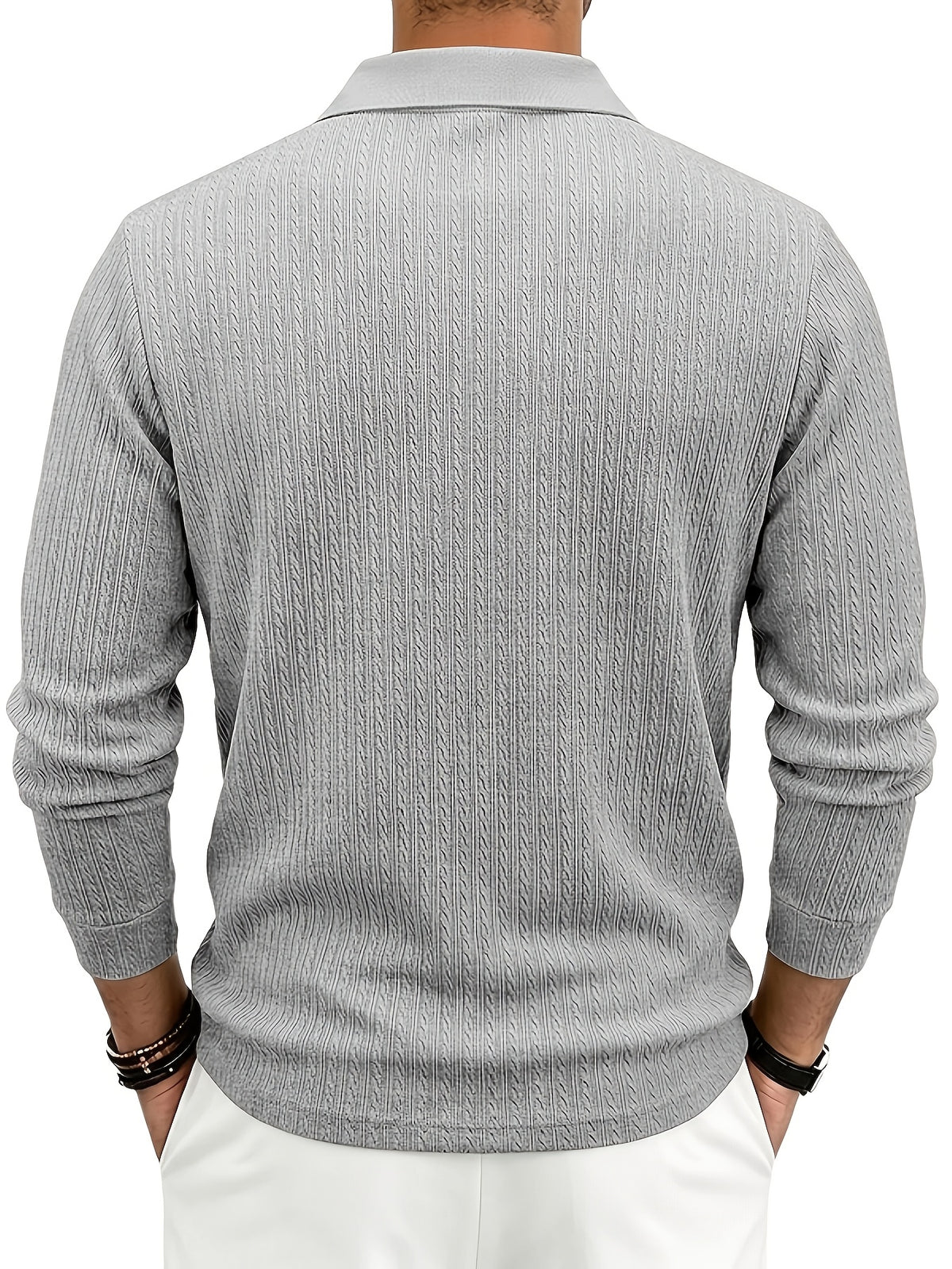 Autumn/Winter New Arrival: 1pc Men's Twisted Cable Vertical Stripe Knit Long-Sleeve Polo Shirt, Three-Dimensional Jacquard Texture, Classic Lapel, Vintage Brown Wood Grain Three-Button, Stretchy Soft Knitted Fabric, Solid Color Minimalist Top - Grey