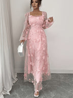 Elegant Mesh 3D Floral Dress, Fairy Style Square Neck Long Sleeve Maxi Dress, Date Afternoon Tea Gentle Style Dress - Pink