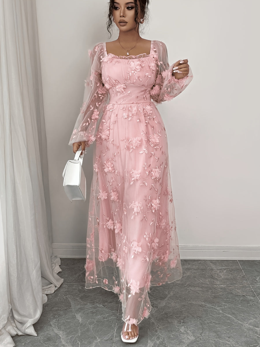 Elegant Mesh 3D Floral Dress, Fairy Style Square Neck Long Sleeve Maxi Dress, Date Afternoon Tea Gentle Style Dress - Pink