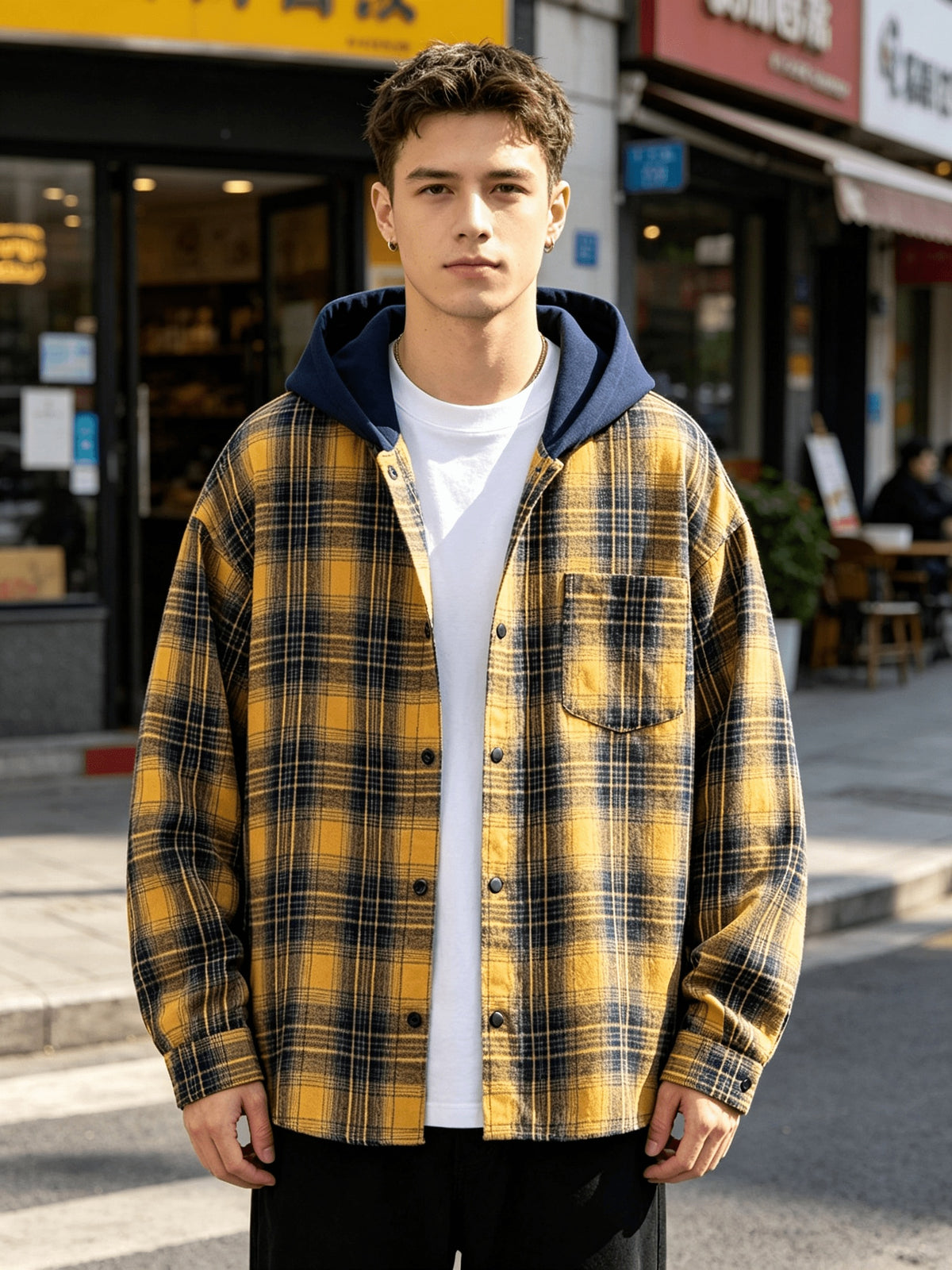 Men Fashion Hooded Fake 2pcs Shirt Jacket Plaid Contrast Hood Splicing Button Cardigan Pocket Loose Drop Shoulder Cut Vintage Trendy Long Sleeve Top for Young Men Daily Commuting Campus Outfits - Yellow Blue