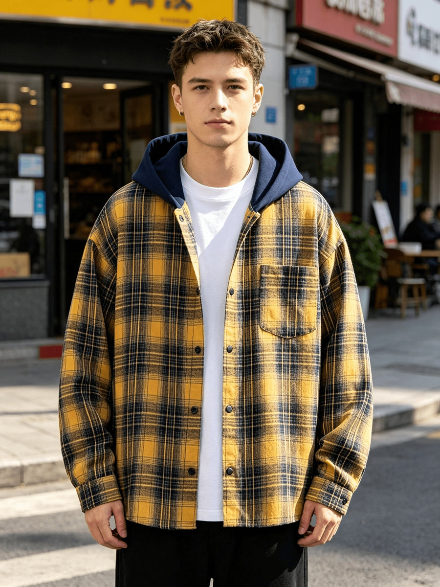 Men Fashion Hooded Fake 2pcs Shirt Jacket Plaid Contrast Hood Splicing Button Cardigan Pocket Loose Drop Shoulder Cut Vintage Trendy Long Sleeve Top for Young Men Daily Commuting Campus Outfits - Yellow Blue