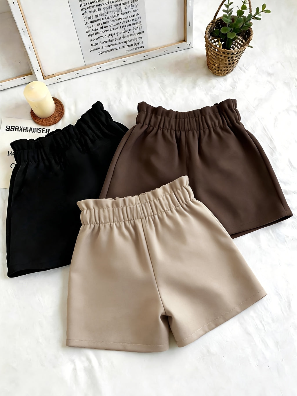 Fashionable Loose-Fit Versatile Shorts Set for Home or Outdoors, Comfortable Wide-Leg Women's Shorts, 3pcs Set - Apricot+Black+Brown