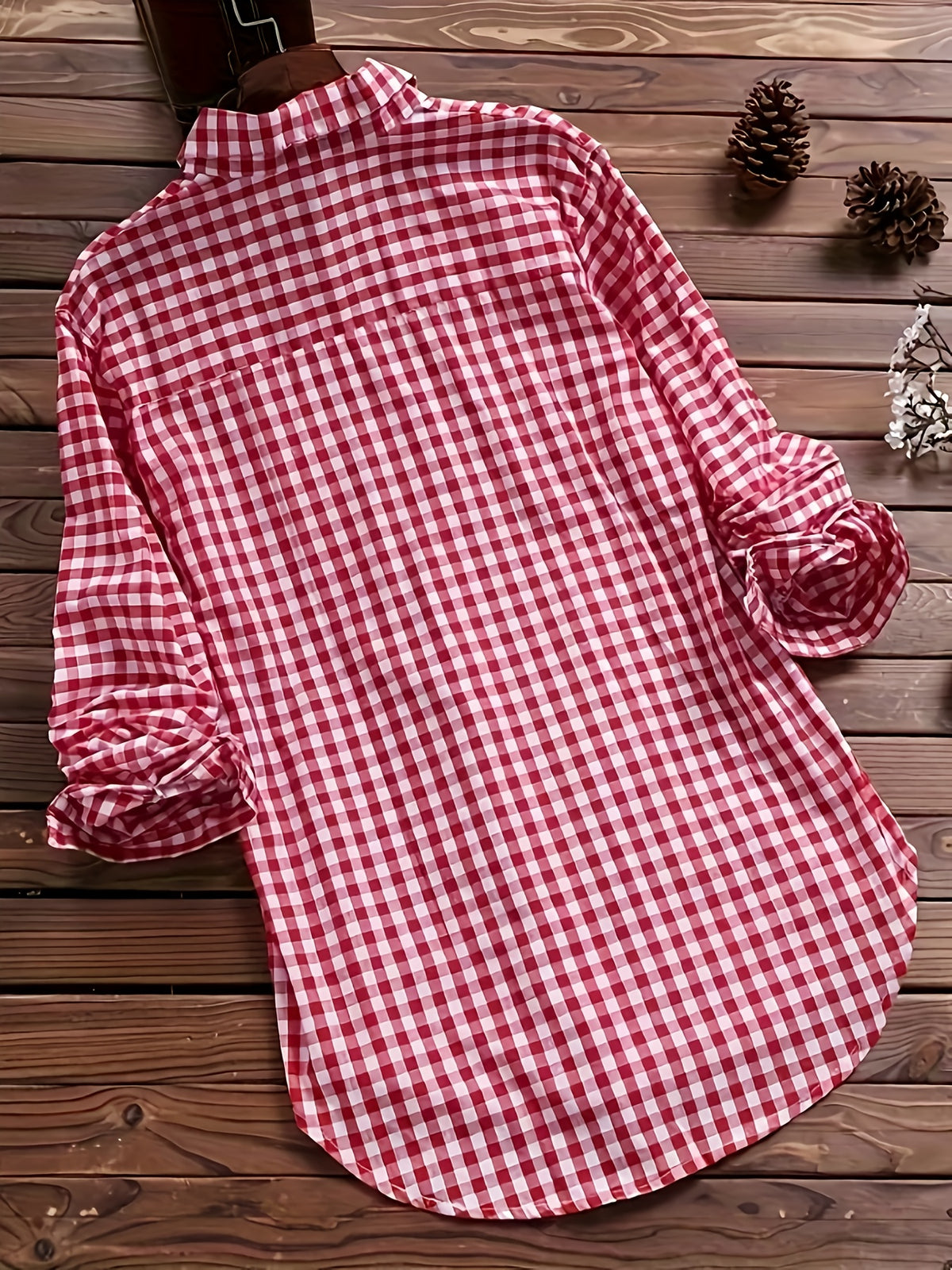 Women'S Spring Summer Casual Retro Commuter Long Sleeve Plaid Shirt - Red