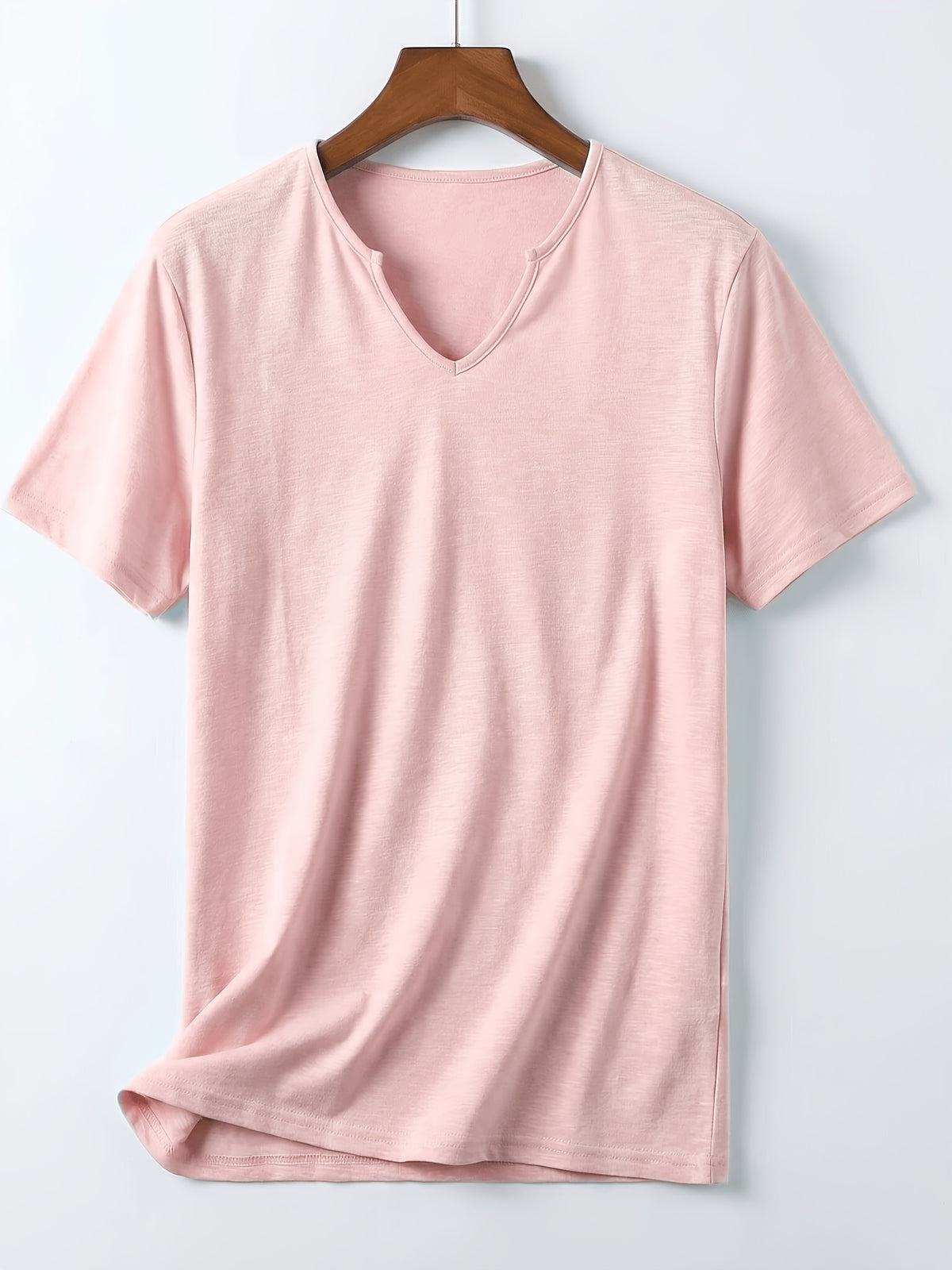 Men's Short Sleeve V-Neck T-Shirt - Breathable Summer Casual Solid Color Round Suitable for Hot Weather, Machine Washable V-Neck Top with Short Sleeves, Non- Fabric for Casual Attire, Office & Layering (No Transparency)，Fashion Trends Wear - Pink Color