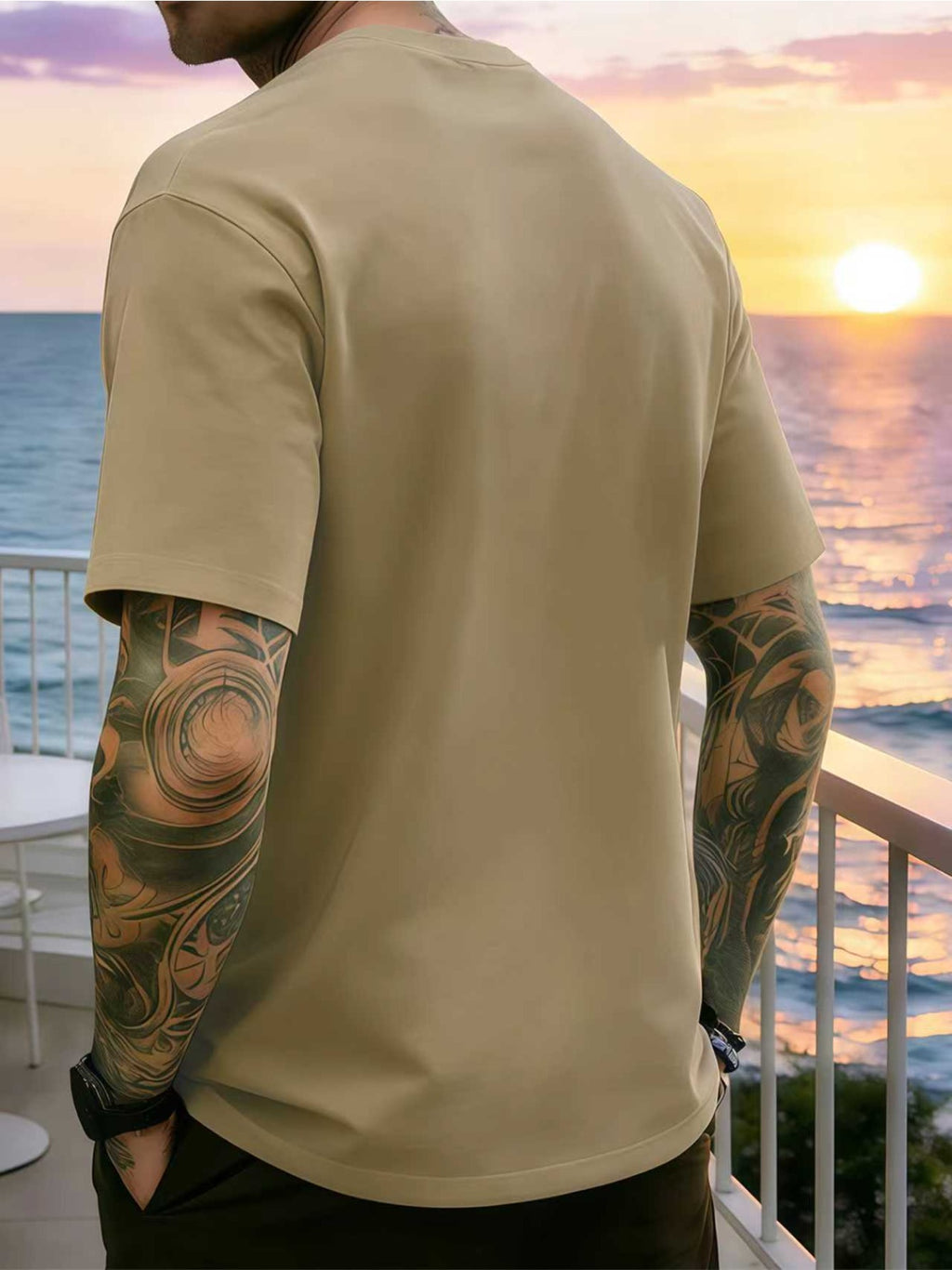 Blue-and-White Floral Vine Chinese Style Print Men's Tee Minimal New Chinese Versatile Loose Breathable Crew Neck Summer Commute Basic Top - Khaki