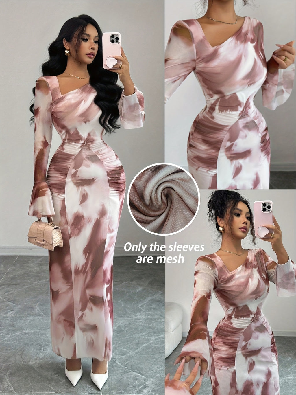 Elegant And Fashionable New Adult Women'S Autumn And Winter Floral Tie-Dye Print Notched Collar Long-Sleeved Flared Sleeve Slim Fit Waist Pleated Hip-Hugging Sexy Dating Commuting Vacation Dating Valentine'S Day Long Dress - Multicolor