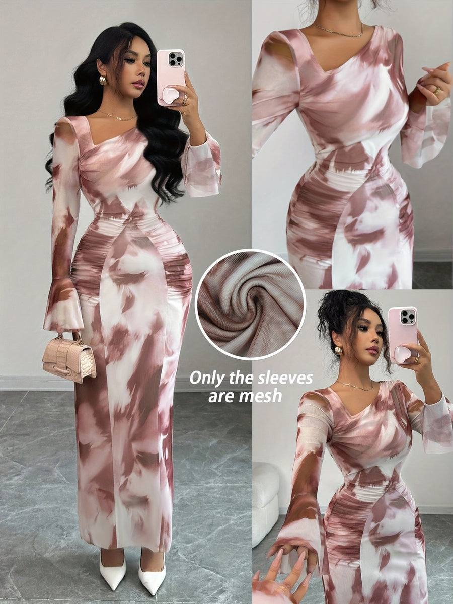 Elegant And Fashionable New Adult Women'S Autumn And Winter Floral Tie-Dye Print Notched Collar Long-Sleeved Flared Sleeve Slim Fit Waist Pleated Hip-Hugging Sexy Dating Commuting Vacation Dating Valentine'S Day Long Dress - Multicolor