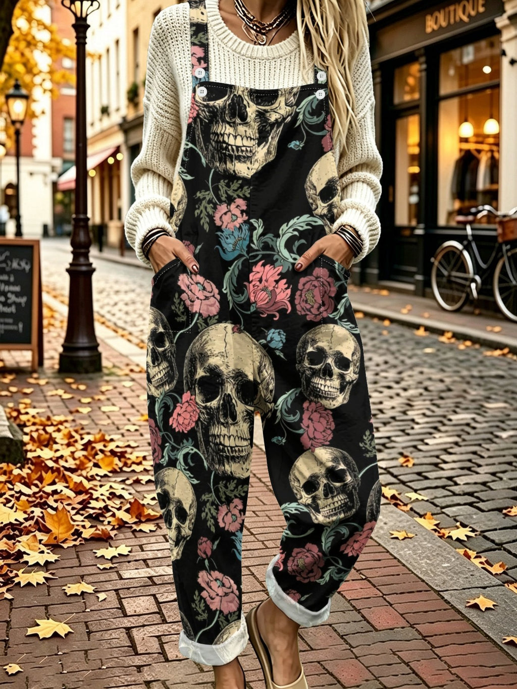 Autumn New Arrival Black Skull and Floral Color-Blocked Print Overalls for Women, Street Style, Loose Fit, Wide Leg, Rolled Hem, Multi-Pocket Casual Jumpsuit - Mixed colors