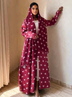 1 Set Heart Print Satin Abaya Set With, Elegant Flare Maxi Open Abaya for Women - Deep Red