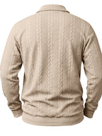 New Men'S Retro Jacquard Lapel Knit Polo Sweater Autumn Business Casual Long Sleeve Sweater Loose All-Match Solid Color Pullover Top - Khaki