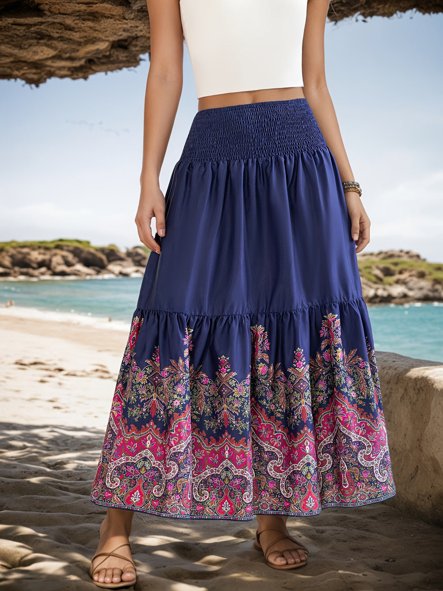 Flower Print Gathered Maxi Skirt - Dark Blue