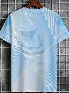 [Printed Design – Not Textured] Men's Fashion Printed T-Shirt, Light Blue Gradient Line Print, Refreshing and Simple with a Premium Feel, Suitable for Running and Travel Outfits, Summer Short-Sleeve T-Shirt Top, Daily Casual, Outdoor Sports - Mixed colors