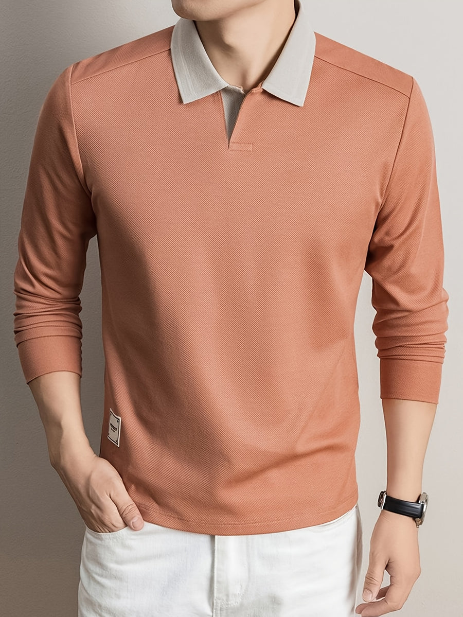 Men's Long-Sleeve T-Shirt, Color-Block Lapel Casual Tee, New Versatile Top for Spring and Autumn - Orange