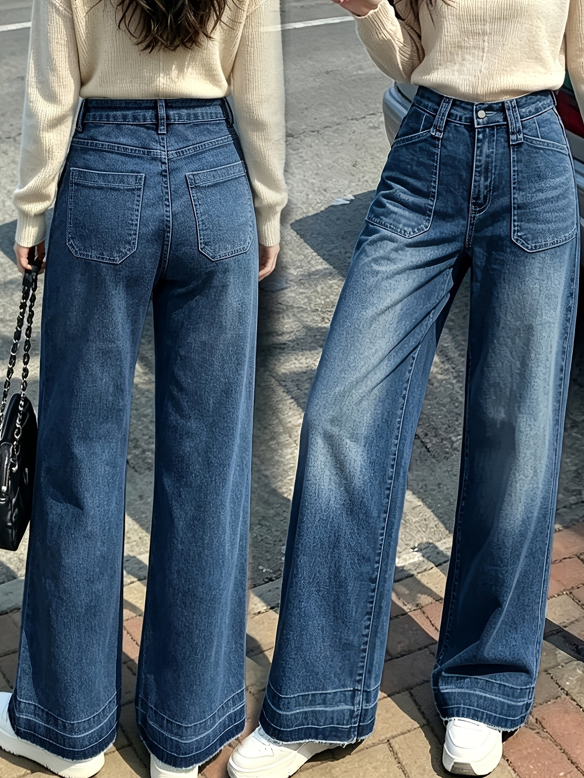 New Arrival Women's Trendy Washed Denim Straight Wide Leg Trousers - Medium Blue