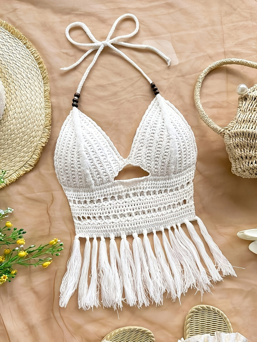 Spring Summer New Women'S Vacation Style Crochet Halter Top Solid Color Tassel Trim Hollow Out Beach Top, Bohemian Style, Date Outing, Valentine'S Day Gift, Music Festival Outfit, Mother'S Day, Beach Vacation [ASD1] - White