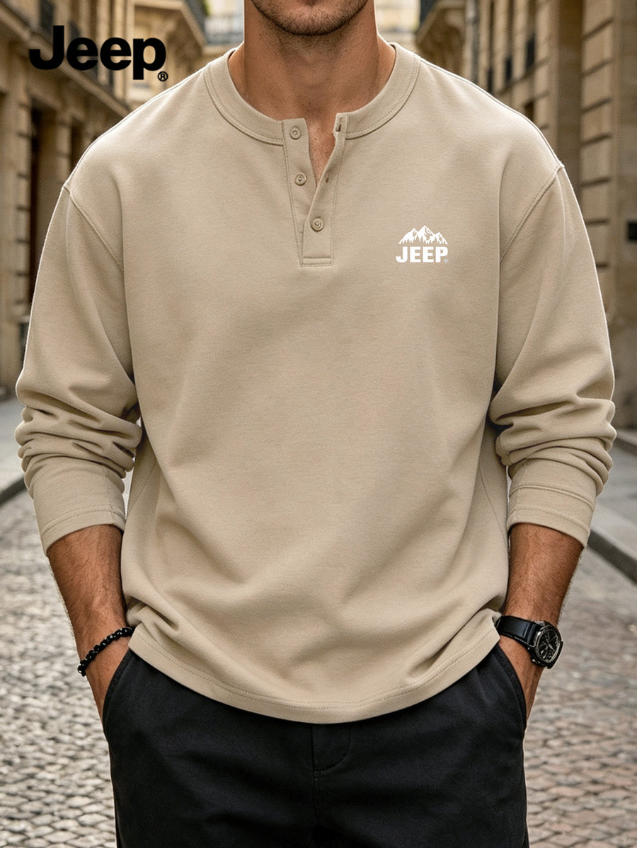 JEEP Men'S Henley Collar Half-Button T-Shirt Spring Autumn Blend Button-Up Long Sleeve Outdoor Casual All-Match Top - Sand Color