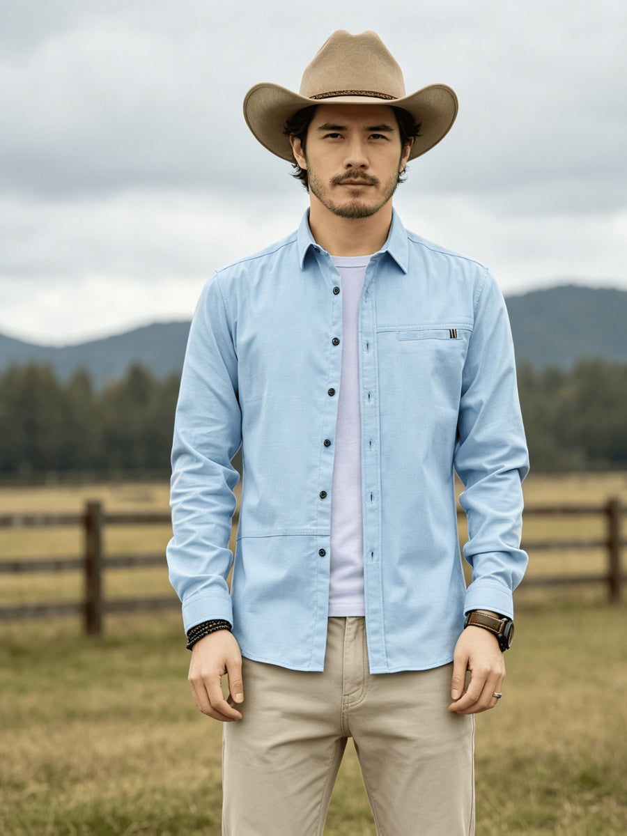 Men's Casual Long-Sleeve Shirt with Lapel and Faux Pocket Design, Slim Fit for a Slimming Look, Durable and Wrinkle-Resistant for Daily Outdoor Casual Wear, Business-Casual Solid Color Shirt - Light Blue