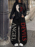 Retro Trendy Half-Wing Print 2pcs Set Women'S Casual Street Long Sleeve And Long Pants Suit, Suitable for Street Hot, American Baseball Jersey Sport Street Fashion - Black+black