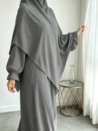 A Khimar + Abaya Prayer Jilbab Suit, a Fashionable and Elegant Vacation Set Featuring a Pure-color, Simple Single-layer Headscarf and a Light, Breathable, Comfortable Horn-sleeve Loose Dress. This Women's Abaya Combination Set Is Ideal for Muslim - Dark Gray