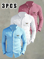 3pcs Men'S Lightweight Breathable Long Sleeve Shirts, Trendy "MILANO" Letter Flag Pattern Print - Fashionable Versatile Stand-Up Collar Comfortable Open Cardigan, Suitable for All Seasons, Beach, Outdoor, Travel Vacation, Party Daily Casual Wear - Sky Blue + White + Rose Red