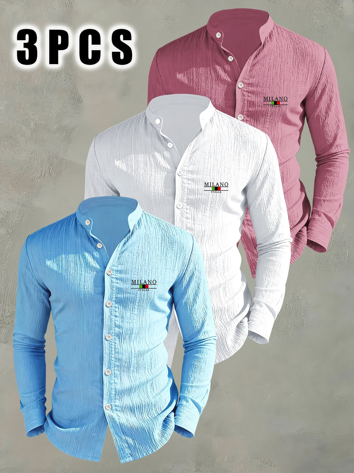 3pcs Men'S Lightweight Breathable Long Sleeve Shirts, Trendy "MILANO" Letter Flag Pattern Print - Fashionable Versatile Stand-Up Collar Comfortable Open Cardigan, Suitable for All Seasons, Beach, Outdoor, Travel Vacation, Party Daily Casual Wear - Sky Blue + White + Rose Red