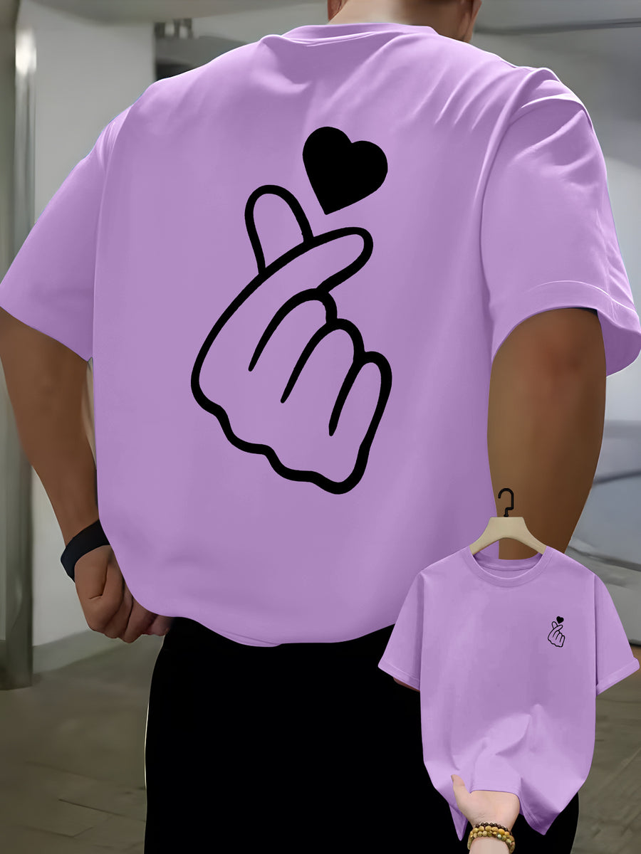 Men's Casual T-shirt with Heart-shaped Hand Gesture Print on Front and Back, Summer Round-neck Short-sleeve T-shirt, Fashionable and Versatile Trendy Short-sleeve Top for Men - Violet