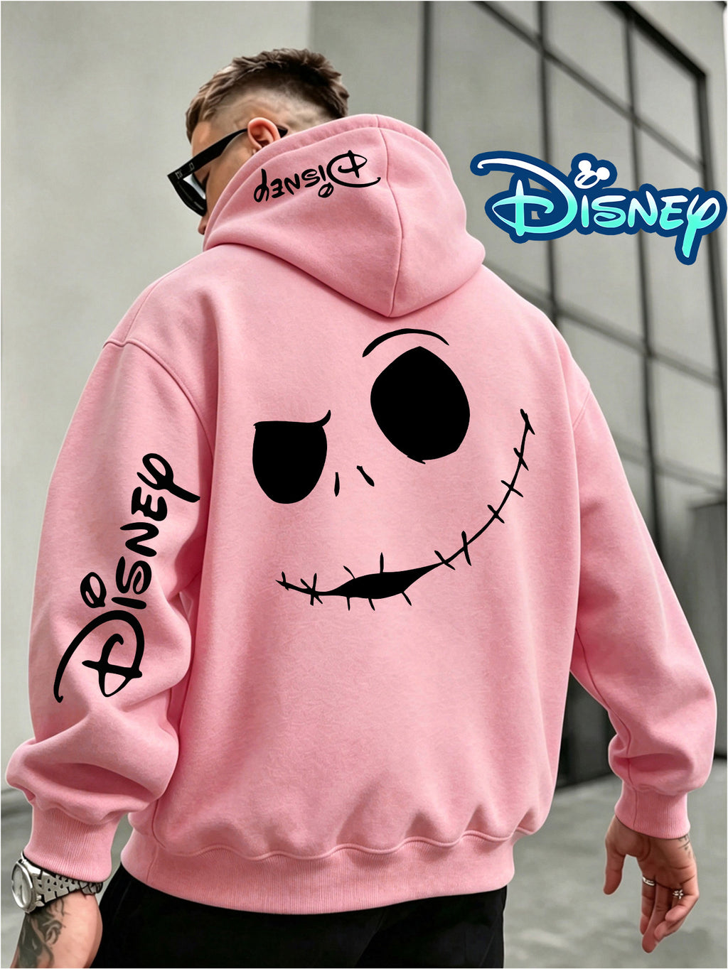 Disney Authorization, Multi-color Hooded Sweater in Fashion Trend, Christmas Night Horror Jack Skull Pattern Printing, Fall Winter Men Loose Long-sleeved Hoodie, Best Choice for Couples, Street Tide Brand Must-wear for Daily Outing - Pink Color